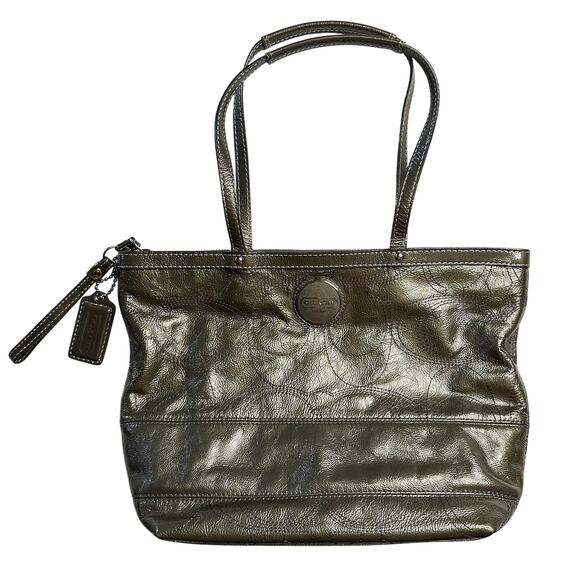 Coach Metallic Grey Patent Leather Bag 2010 Vintage Chic Sleek Evening Satchel - Picture 1 of 8